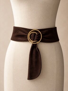 BOUTIQUE Vintage Suede Wrap Belt Gold Ring Waist Tie Brown Wide